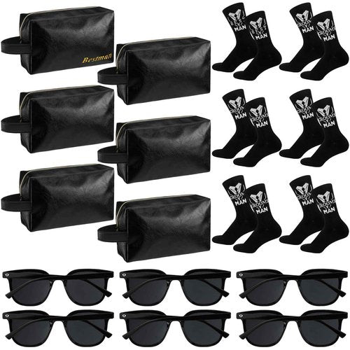Chicingyou 18 Pcs Groomsmen Gifts Set of 6, Groomsman Proposal Gift Includes 6 Leather Toiletry Bags 6 Sunglasses and 6 Pairs of Socks for Wedding Man Gift Bachelor Party Favors