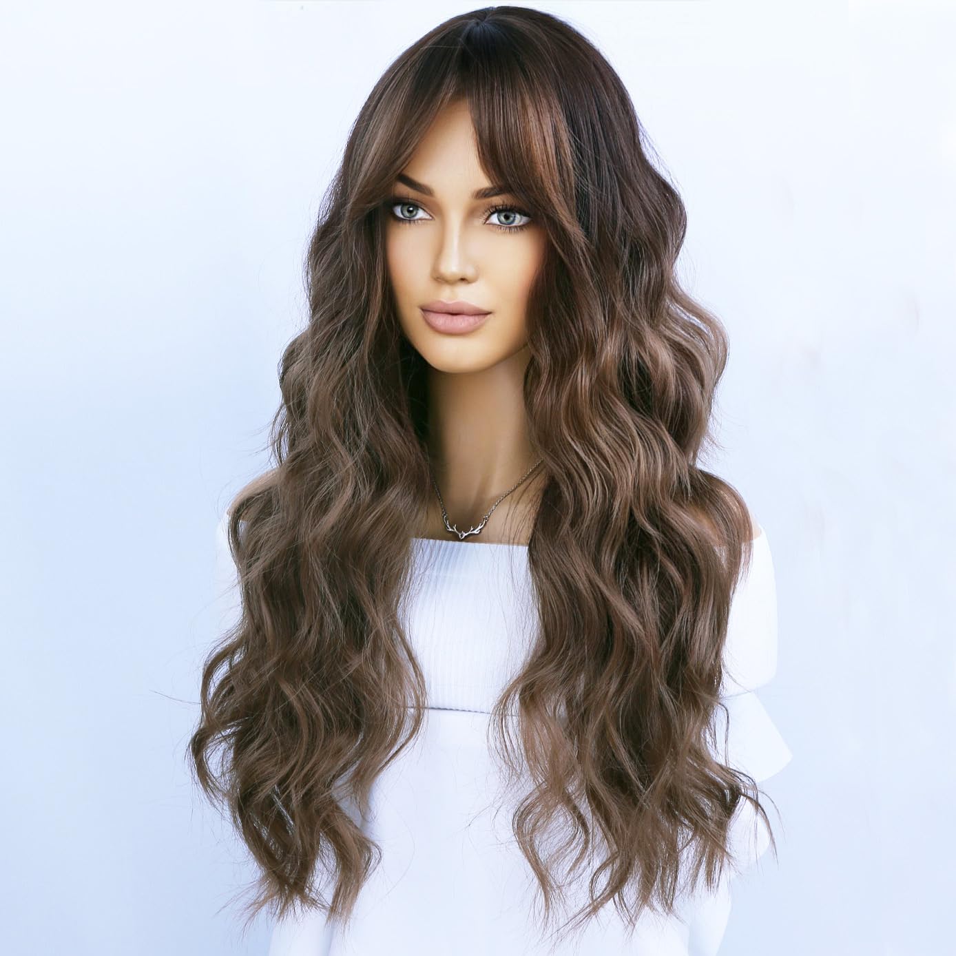 BERON Brown Ombre Long Wigs Curly Wavy Women Wigs with Bangs Dark Roots Color Heat Resistant Synthetic Wigs for Cosplay or Daily Wigs Wig Cap Included