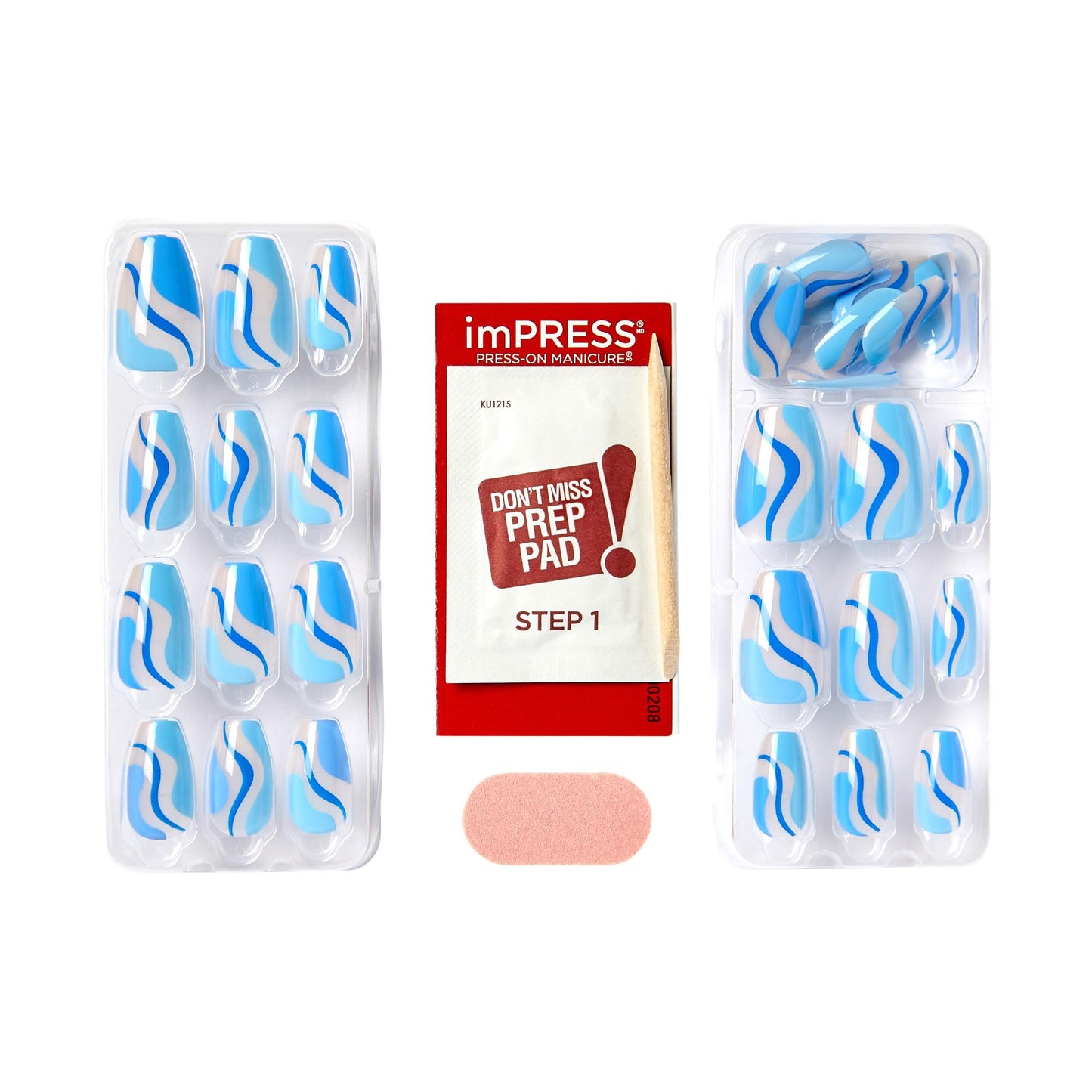 KISS imPRESS No Glue Mani 30 Pcs Press On Nails, Medium Coffin Design Nail, Dynamic Blue Print, Simple Peel & Press Easy Apply, Hassel-Free Removal, Essential Tools Included