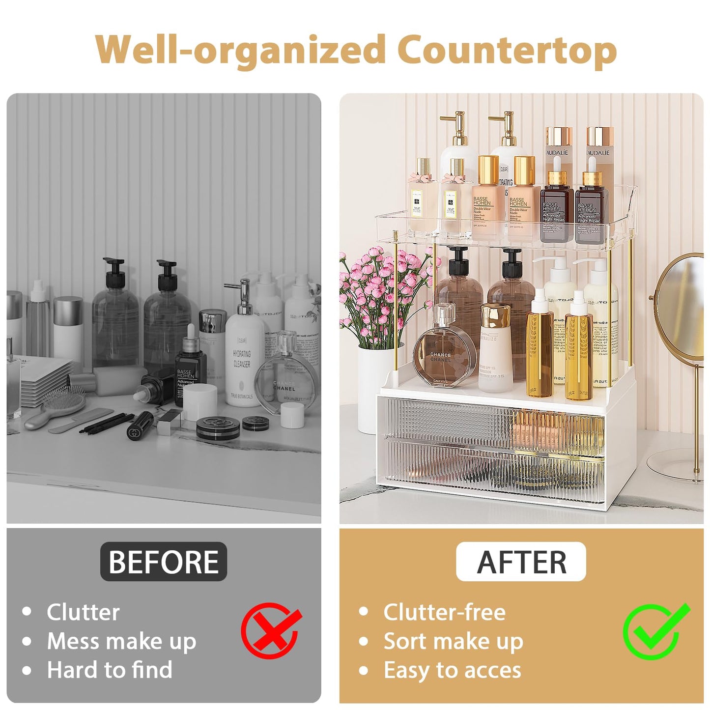 Webetop Bathroom Organizers and Storage Countertop, Large Skincare Counter Organizer with 2 Drawers, Makeup Organizer for Vanity Storage, Cosmetics, Perfume, Toiletry (Clear)