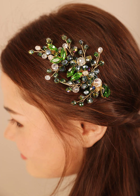 Xerling Emerald Hair Accessories for Brides Green Crystal Rhinestones Head Pieces for Wedding Side Hair Clip for Girls (Emerald A)