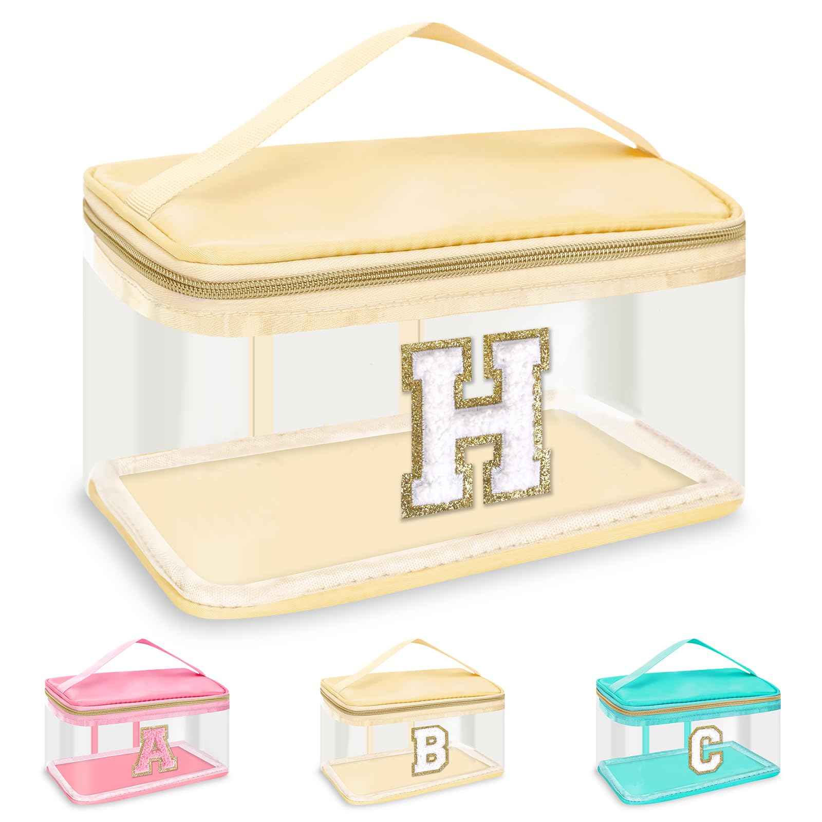 UIXIZQ Personalized Initial Letter Patch Clear Makeup Bag,Cute Preppy Chenille Letter Travel Cosmetic Bag with Handle,Nylon Toiletry Bag Handbag,Large Make up Storage Zipper Pouch for Women,H