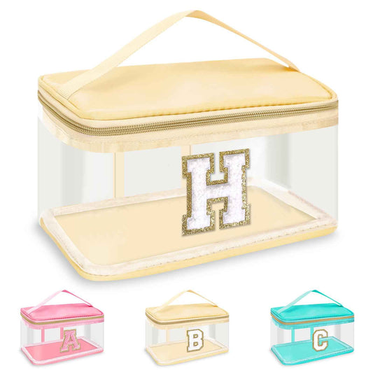 UIXIZQ Personalized Initial Letter Patch Clear Makeup Bag,Cute Preppy Chenille Letter Travel Cosmetic Bag with Handle,Nylon Toiletry Bag Handbag,Large Make up Storage Zipper Pouch for Women,H