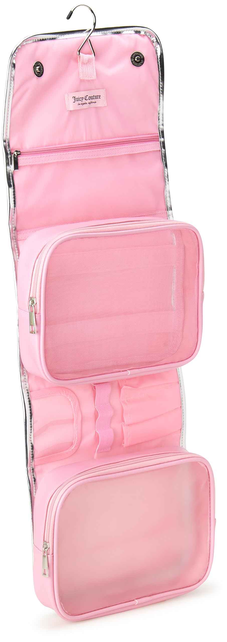 Juicy Couture Iridescent Makeup Bag Cosmetics Organizer Travel Essentials Hanging Hook Iridescent Silver Trim
