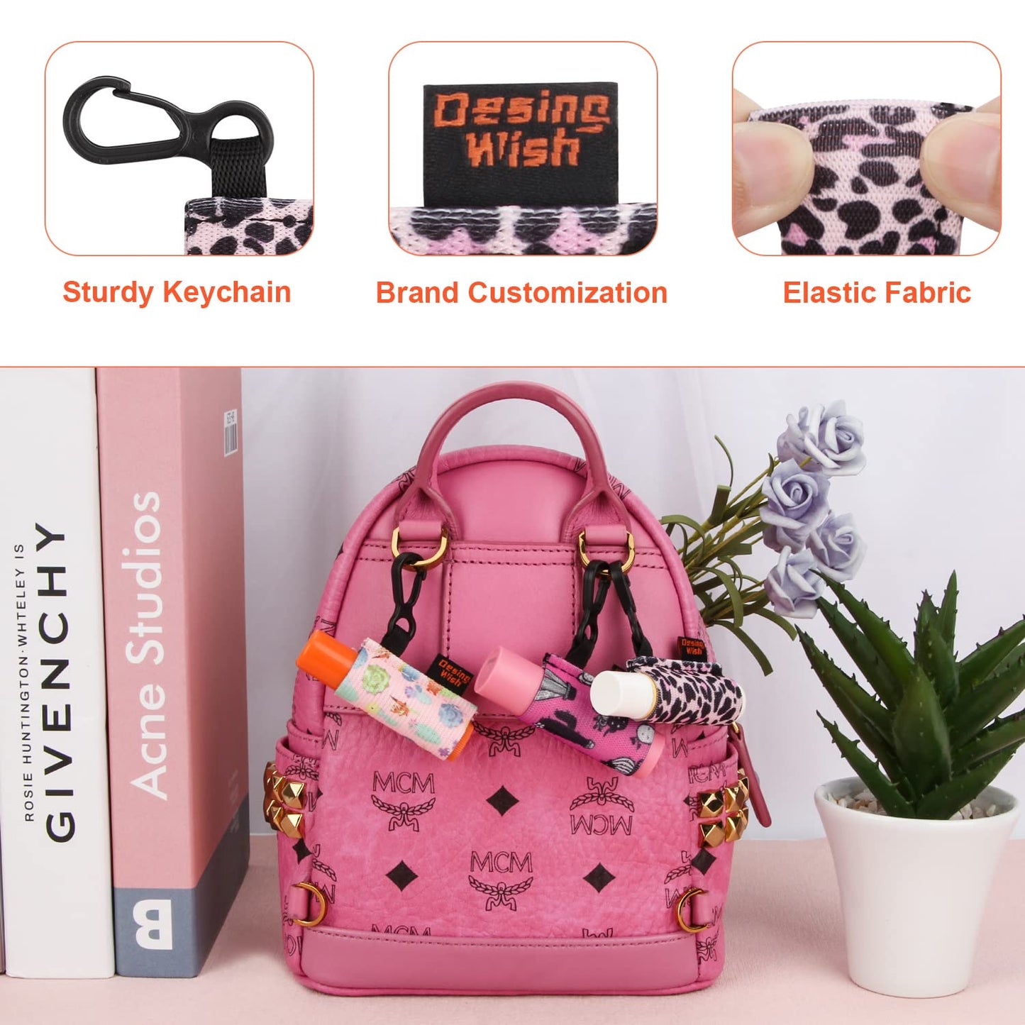 Desing Wish Lip Balm Holder Elastic Chapstick Holder Keychain Cute Pattern Lipstick Sleeves Keychain Clip On Keys/Purse/Handbag/Lanyard 4 Pack (Leopard Print/Vase/Cactus/Flower)