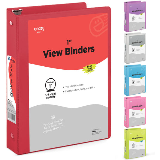 1 Inch 3 Ring Binder 1” Binder Red Clear View Cover with 2 Inside Pockets, Colored School Supplies Office and Home Binders – by Enday