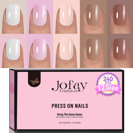 Jofay Fashion False Nails Tips, 240 Pcs Nails Press On Nails Short - Square Press On Nails Set Acrylic Nails, Glossy Glue On Nails with Nail Glue, 12 Sizes Soft Gel Fake Nails Fit Perfectly Nails