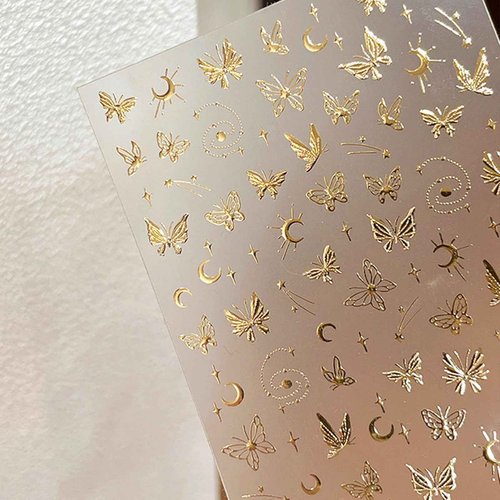 5D Embossed Gold Nail Stickers Butterfly Nail Art Stickers Spring Nail Decals Golden Self-Adhesive Star Moon Nail Decals for Women Girls Acrylic Nails Manicure DIY Nail Supplies