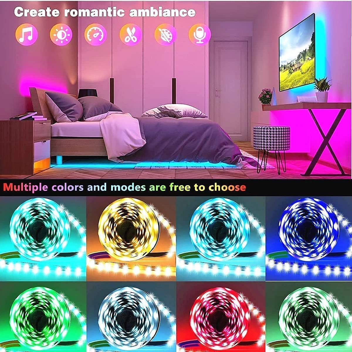 Tenmiro 50ft LED Strip Lights, RGB LED Smart Music Sync Color Changing LED Lights Strips with Remote LED Lights for Bedroom, Room, TV, Party