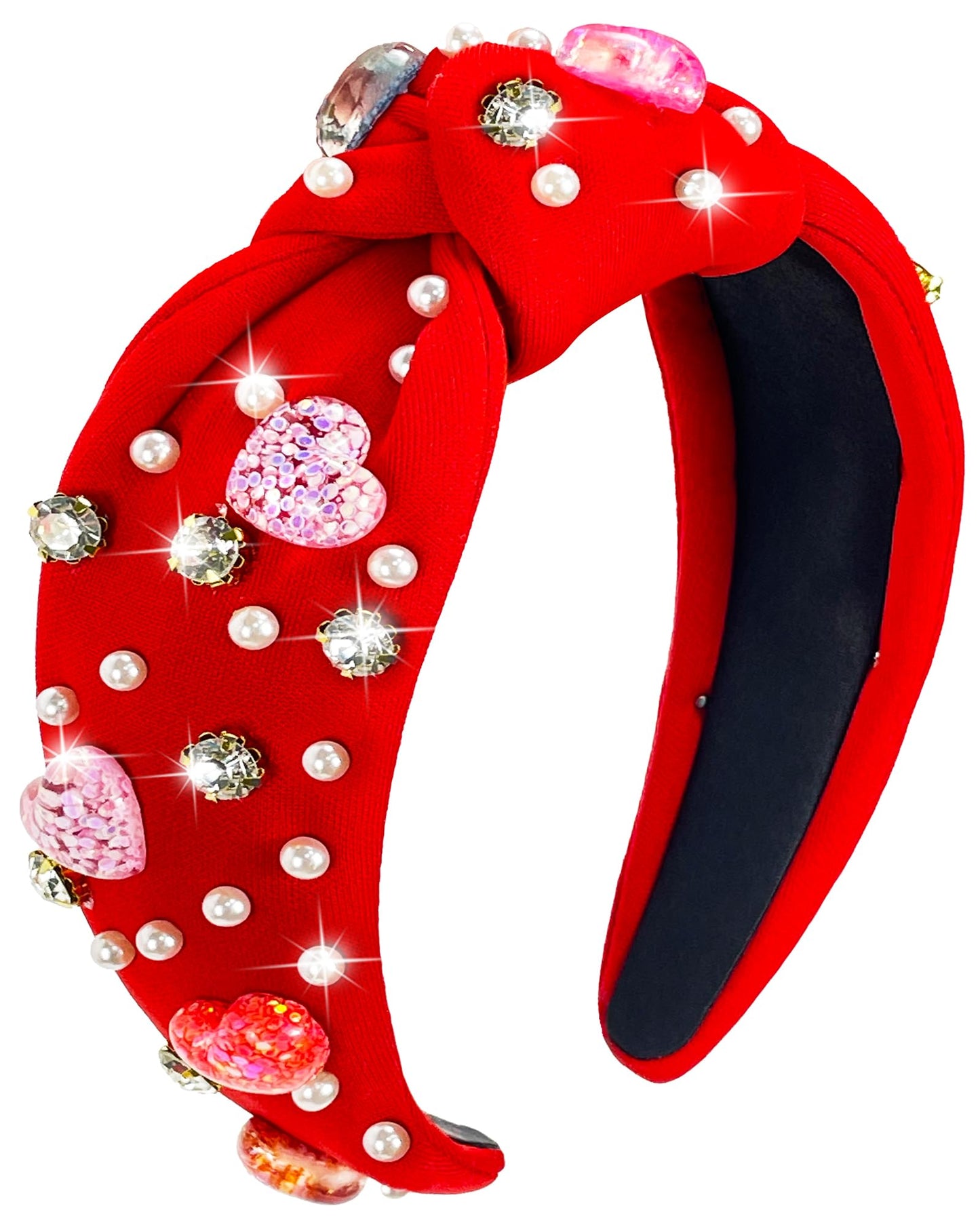 Bnikion Sweet Valentine's Day Heart Candy Embellished Red Headband Rhinestone Headband for Women Top Knot Twist Wide Hair Band Jeweled Crystal Knotted Headband Valentine's Day Gifts for Her