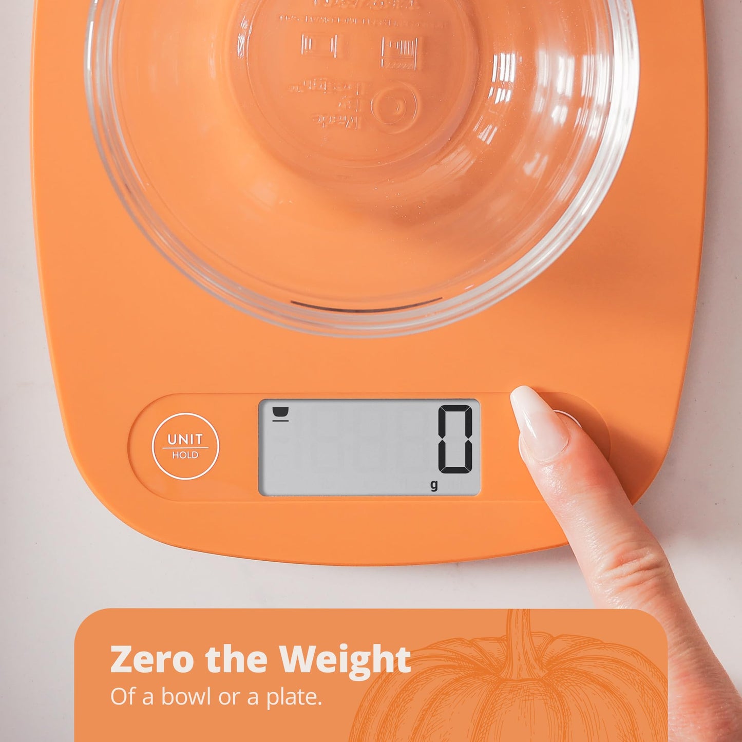 Greater Goods Digital Kitchen Scale - Cooking, Baking, Meal and Food Prep Scale, Weighs in Grams, Pounds and Ounces, Pumpkin Orange