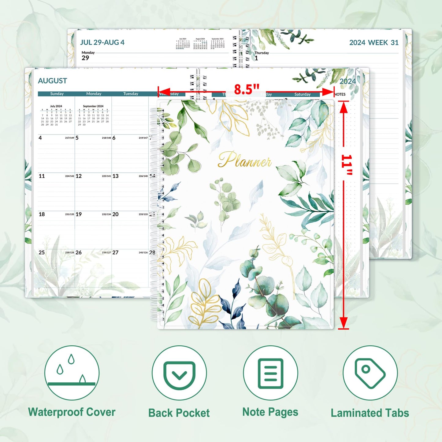 SUNEE Academic Planner 2024-2025 Weekly and Monthly - from August 2024 - December 2025, 8.5"x11" School Year Daily Calendar with Monthly Tab, Flexible Cover, Note Page, Pocket, Bookmark, Greenery