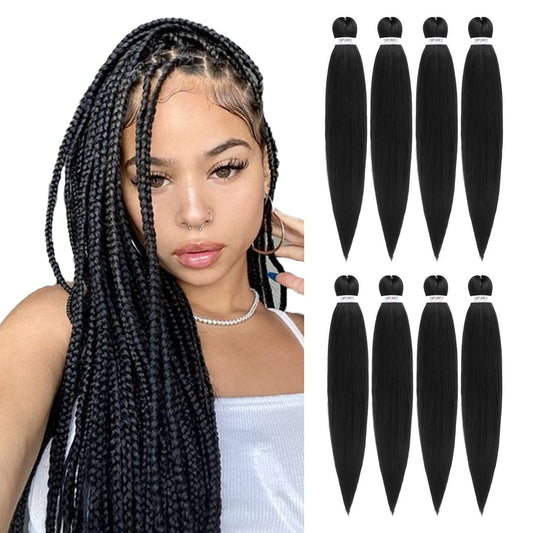 Difunee Pre stretched Braiding Hair 24 Inch 8 Packs Long Braiding Hair Pre Stretched Hair For Braiding Hot Water Setting Synthetic Braiding Hair For Twist（24 Inch, 1B-8P)