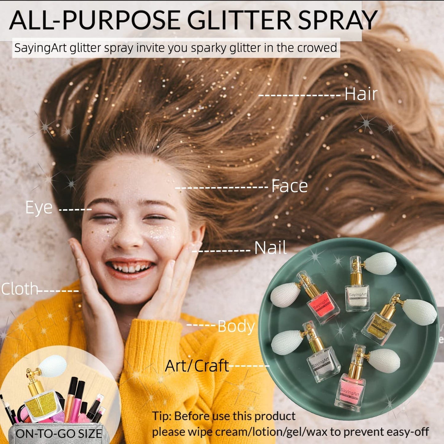 Glitter Spray for Body, Hair, SayingArt Holographic Glitter Fine Sparkle Highlighter Hairspray, Body Glitter Spray Shimmer Powder for Eye Nail Lip Women Makeup Rave Craft Resin(Red Bottle +1 Refill)