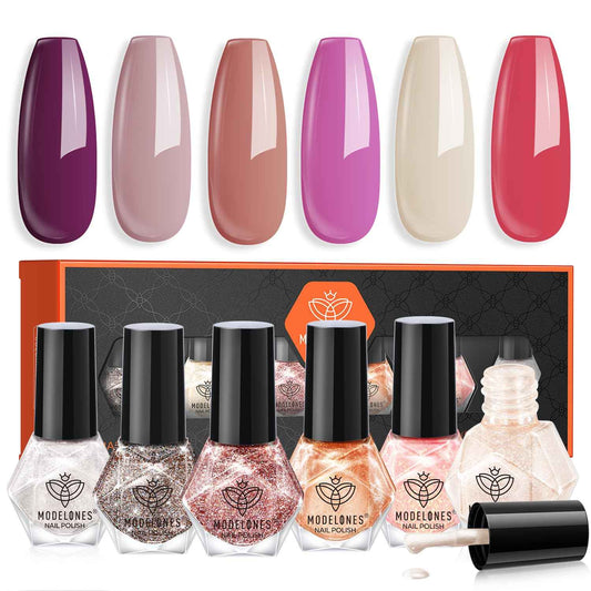 modelones Nail Polish Set 6 Colors Red Burgundy Sparkle Glitter Chrome Mini Quick Dry Nail Lacquer Kit, Ruby Rush Cherry Mocha Vintage Magnetic Nail Art Manicure Gift for Women Girl