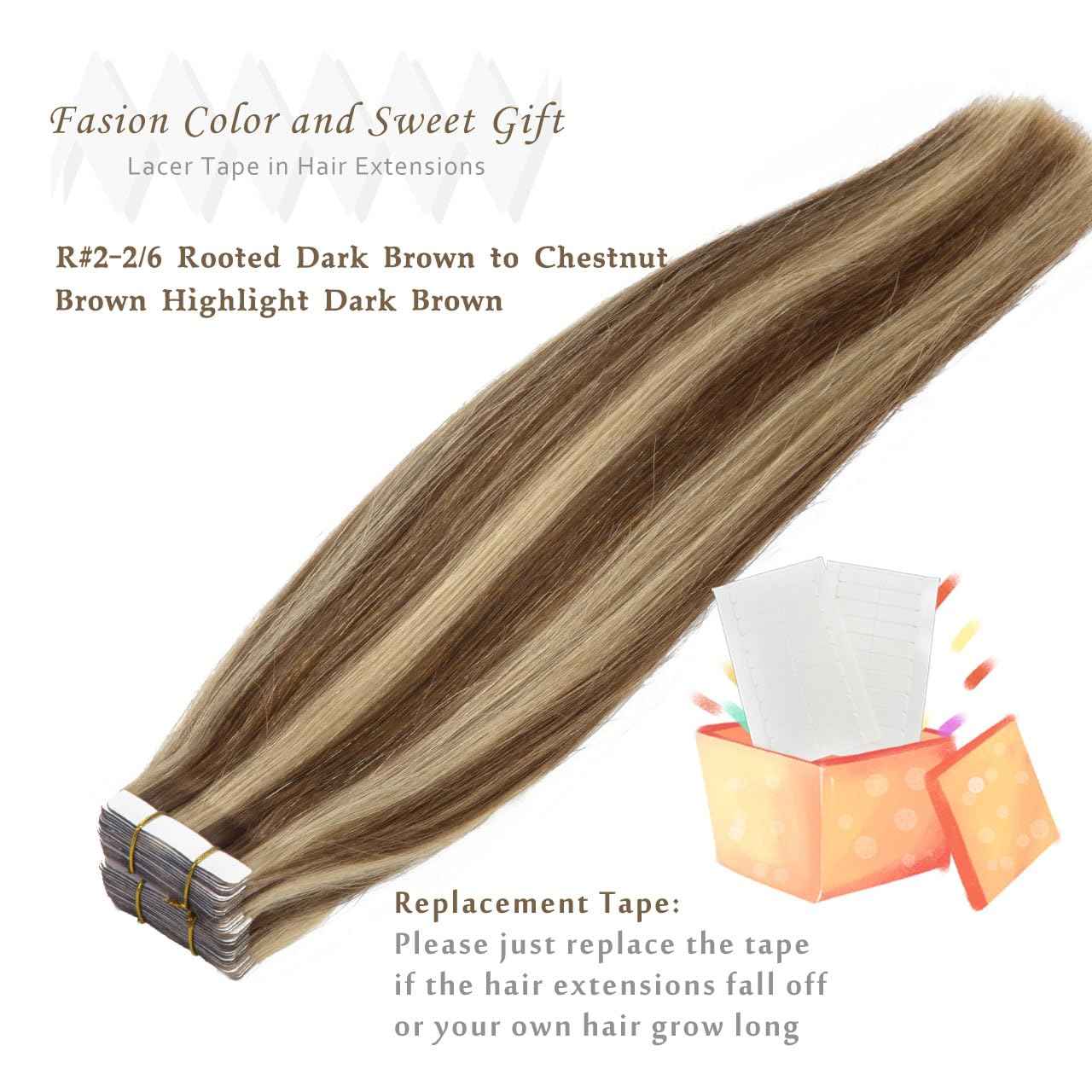 Lacer 16 Inch Natural Human Hair Tape in Extensions Chocolate Brown Highlights Light Golden Brown Invisible Double Sided Straight Tape in Hair Extensions Human Hair Black Women 50g 20pcs