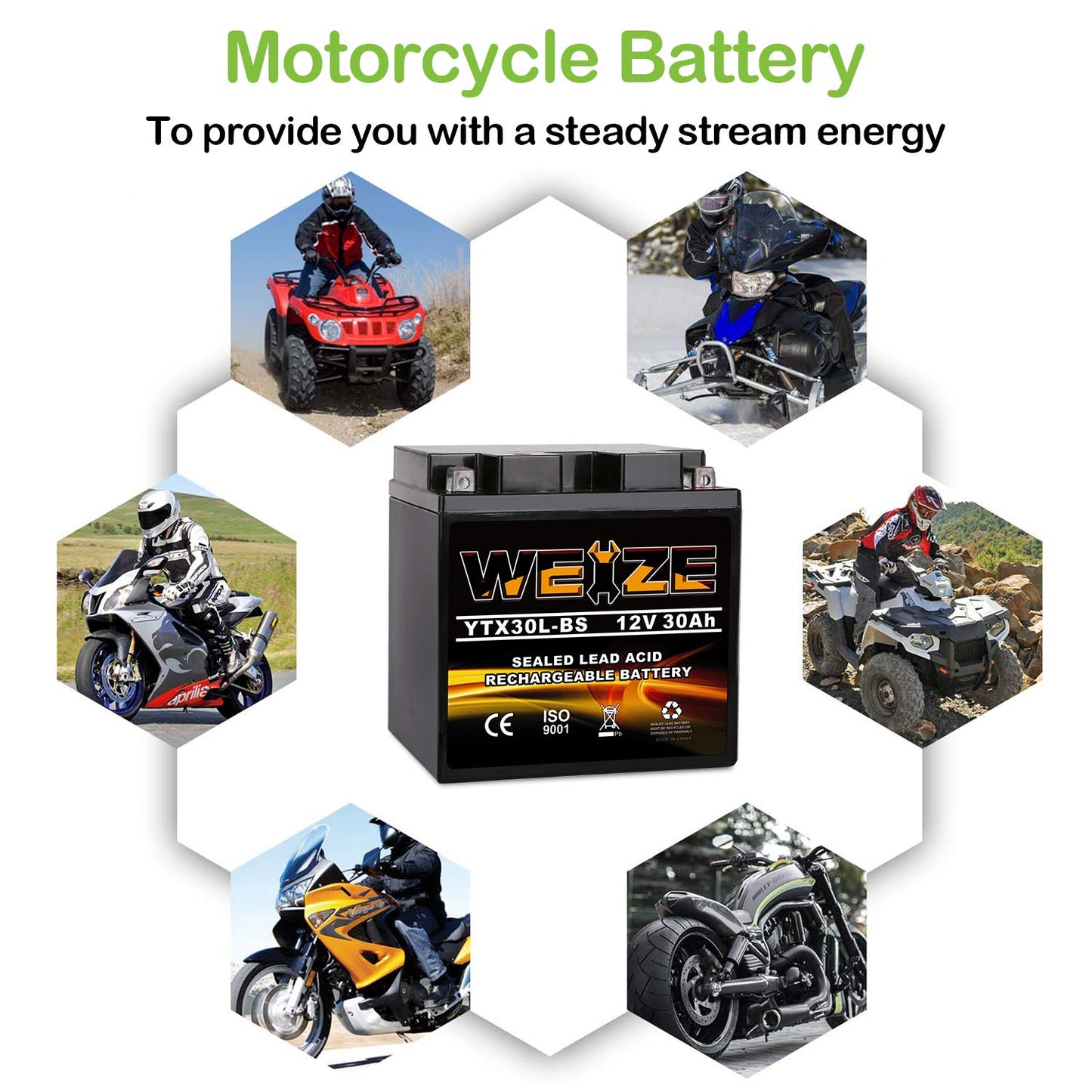 Weize YTX30L-BS Battery Replacement Yuasa YIX30L Motorcycle Battery - Factory Sealed - Maintenance Free - High Performance ETX30L BS For Harley Davidson Polaris Sportsman