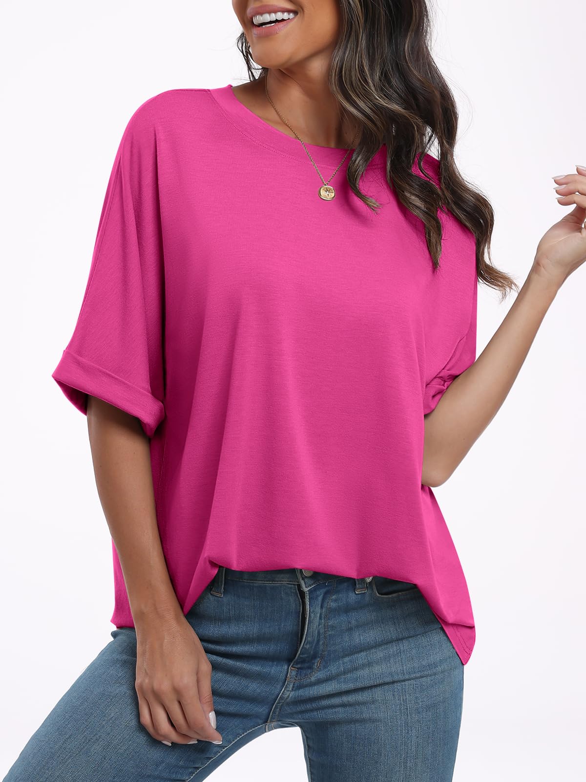 ANRABESS Women's Oversized T Shirts Short Sleeve Crewneck Summer Tops Casual Loose Basic Tee Shirts 2024 Trendy Clothes Hot Pink Small