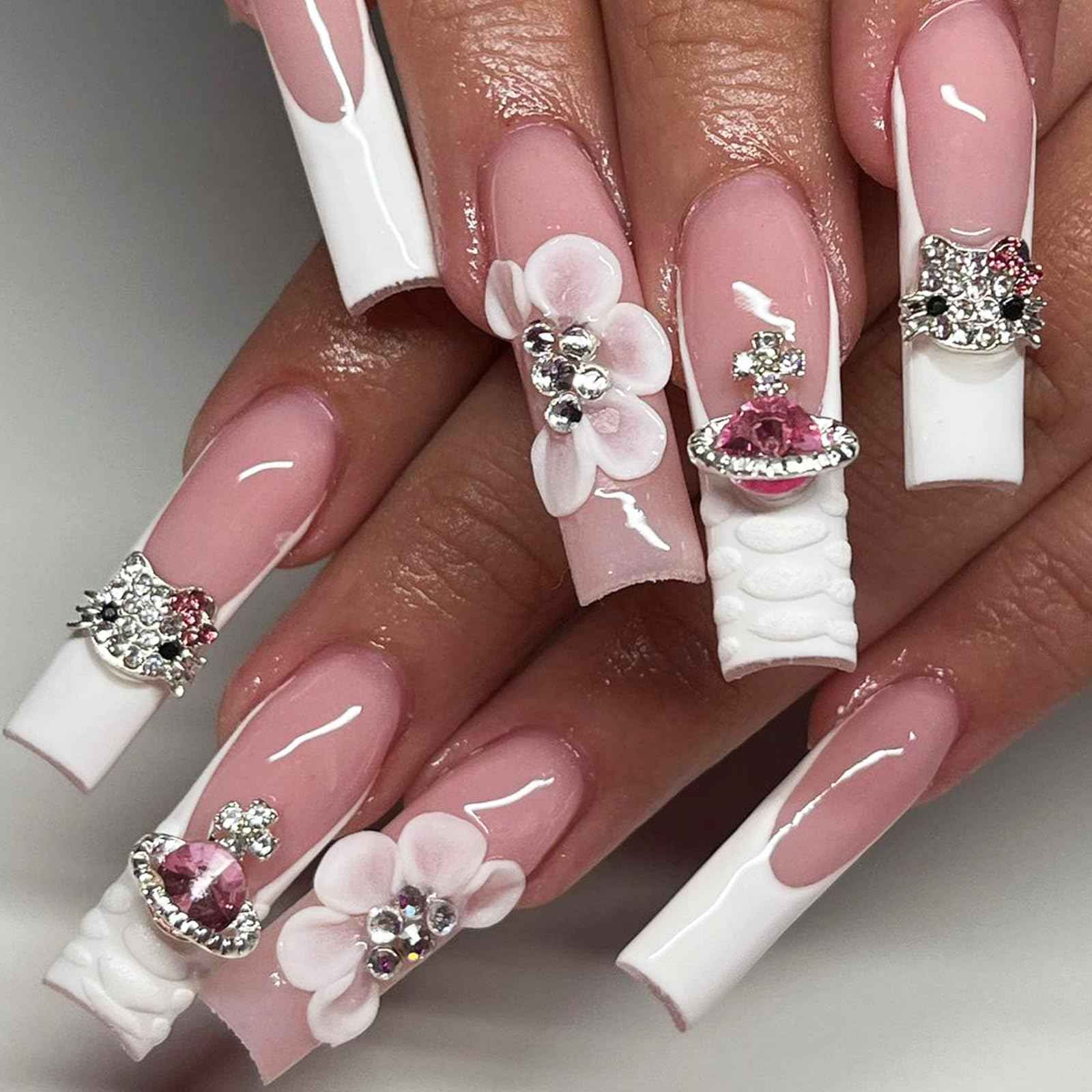 Nail Charms and Gems,KYLELOVE 48 PCS Y2K Kawaii Nail Charm 3D Silver Butterfly Star Nail Charms Rhinestone Charms for Nails Art Craft DIY Decoration