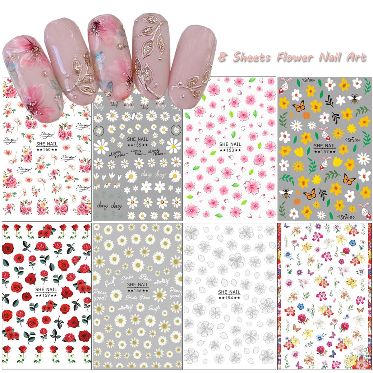 8 Sheets Rose Nail Stickers 3D Flower Decals for Nail Art,Pink Cherry Leaf Small Daisy Retro Flowers Leaf Self-Adhesive Nail Designs Sticker Fashion Simple Floral DIY Manicure Decoration Supplies