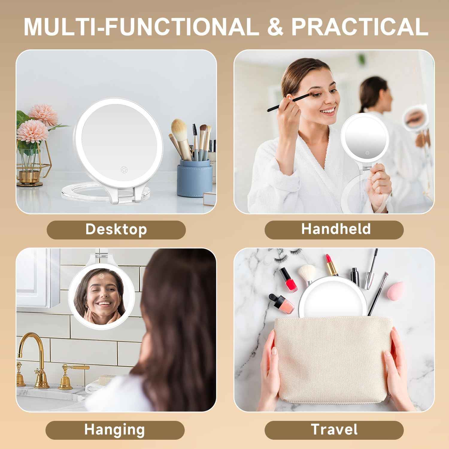 Mocado Travel Makeup Mirror with Light, 1X/20X Magnifying, Double Sided, 3 Color Light, Dimmable Touch, Rechargeable, Tabletop Standing, White