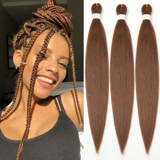 Pre stretched Braiding Hair 26 Inch Brown Braiding Hair Extensions Yaki Braids Hair Hot Water Setting Synthetic Hair Colored Braiding Hair Pre stretched Crochet Hair(26Inch,3 Packs,30#)