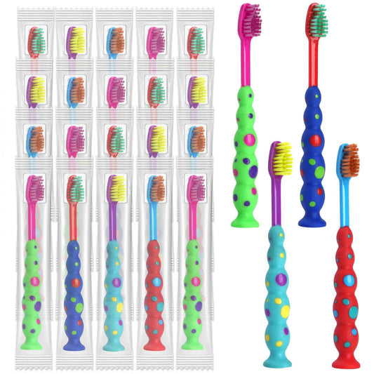 Akulgaci 100 Pack Kids Toothbrush Soft bristles Toddler Lovely Toothbrush with Suction Cup Bulk, Includes Travel Covers, Individually Wrapped Toothbrushes for Kid Home School Daycare Camp (Candy)