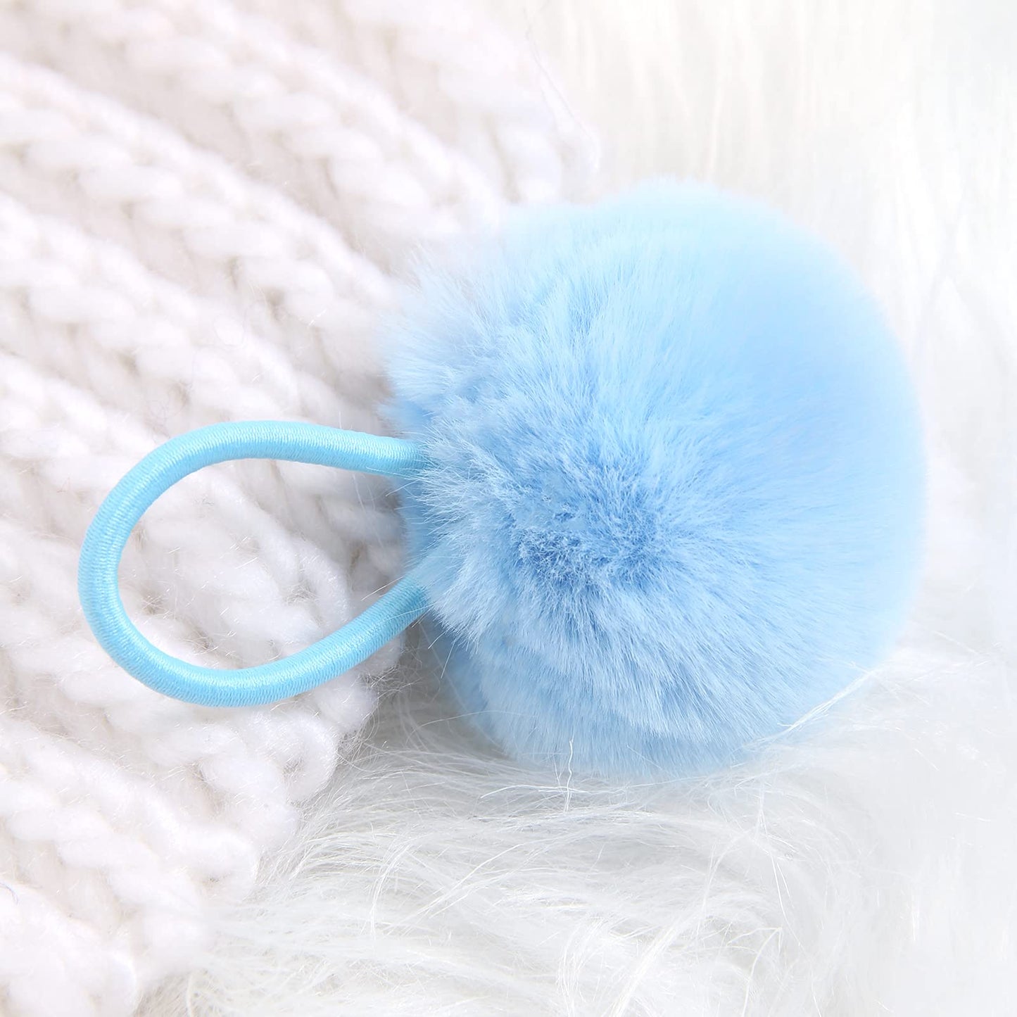 SUSULU Furry Hair Elastic Bands Faux Rabbit Fur Pompom Hair Ties Scrunchies for Women, Rubber Band with 5cm Ball Ponytail Holder Accessories Pack of 12pcs (Light Blue)