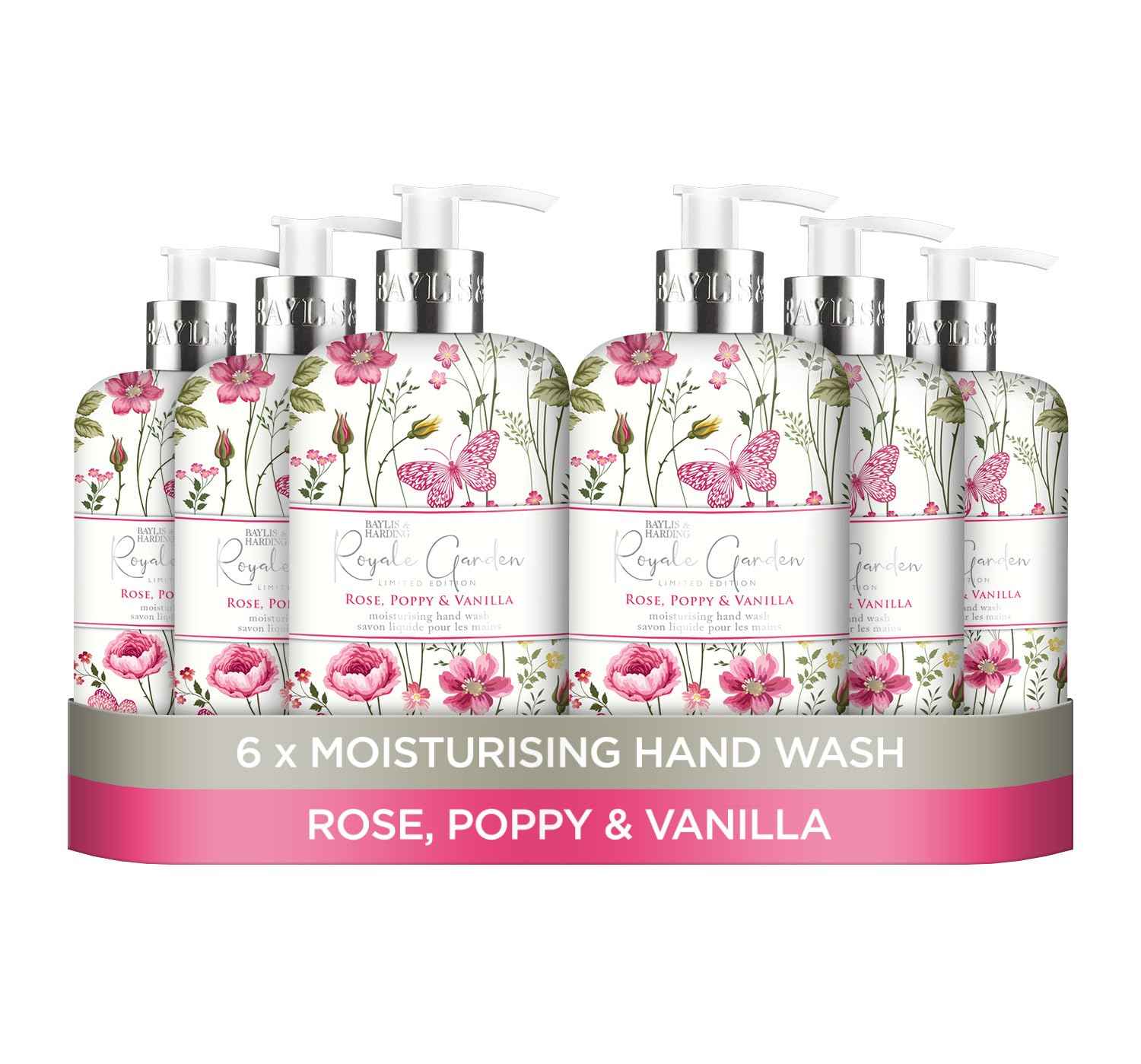 Baylis & Harding Liquid Hand Soap Wash with Dispenser, Royale Garden, Rose, Poppy & Vanilla, 16.9oz/500ml (6-Pack)