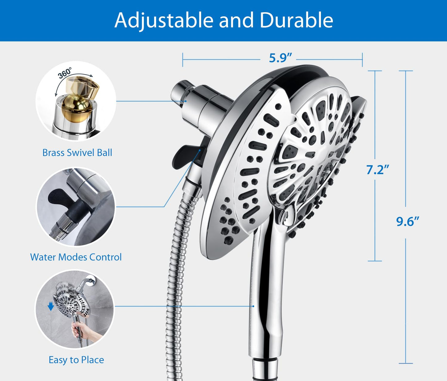 INAVAMZ 2-in-1 Shower Head with Handheld Combo: 2.5GPM Rainfall Shower Head & Handheld Shower Head Use Together or Alone, 9 Spray Settings Hand Held Shower Head with Hose