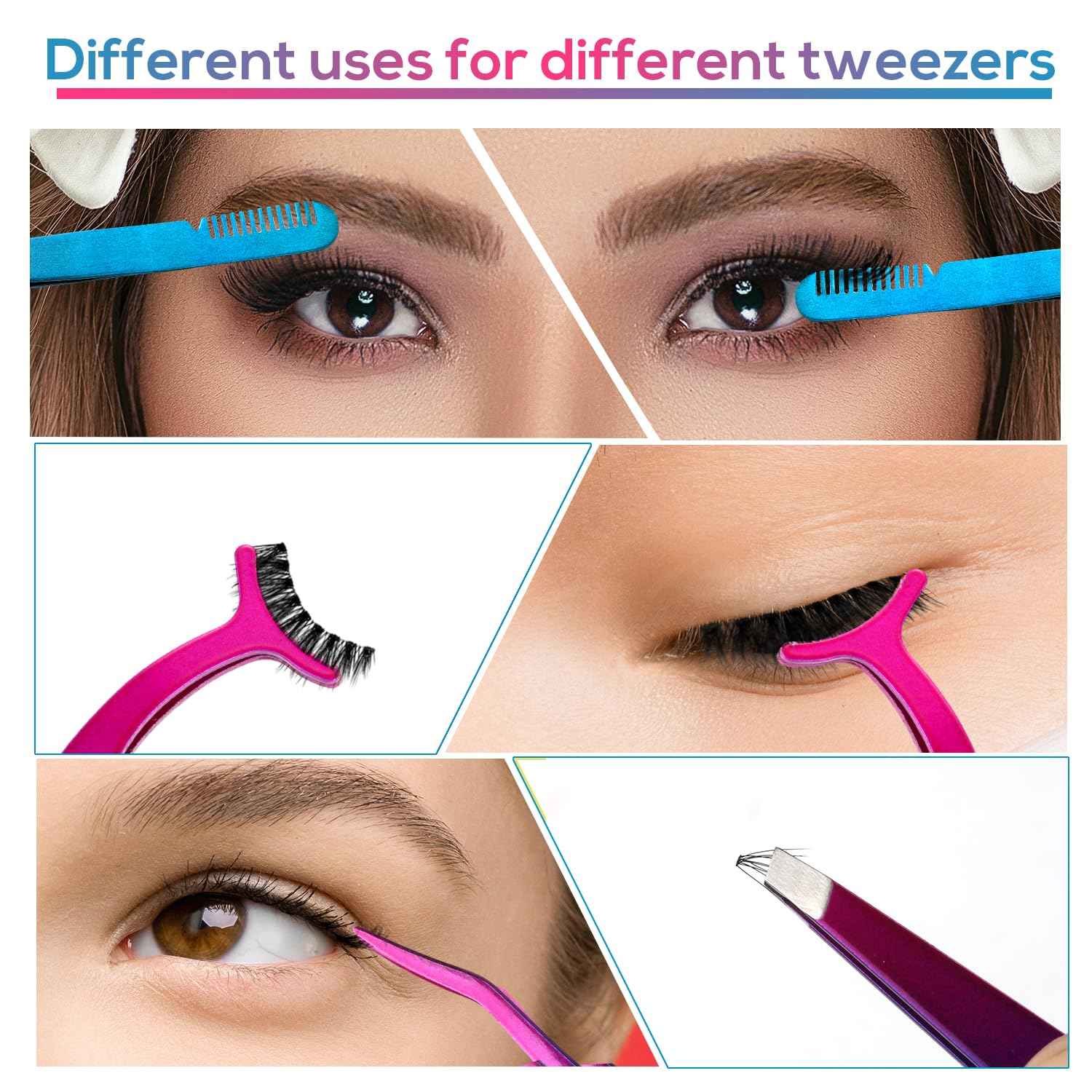 3pcs Eyelash Tweezers, 3 Styles Lash Tweezers with Comb Stainless Steel False Lash Application Tool Eyebrow Tweezers Makeup Tool for Cluster Individual Lash (Purple Blue Gradient)