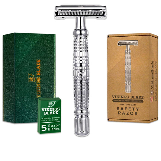 VIKINGS BLADE Double Edge Safety Razor for Men + 5 Swedish Steel Blades + Luxury Case. Long Handle. Smooth, Reusable, Eco-Friendly (The Vulcan)