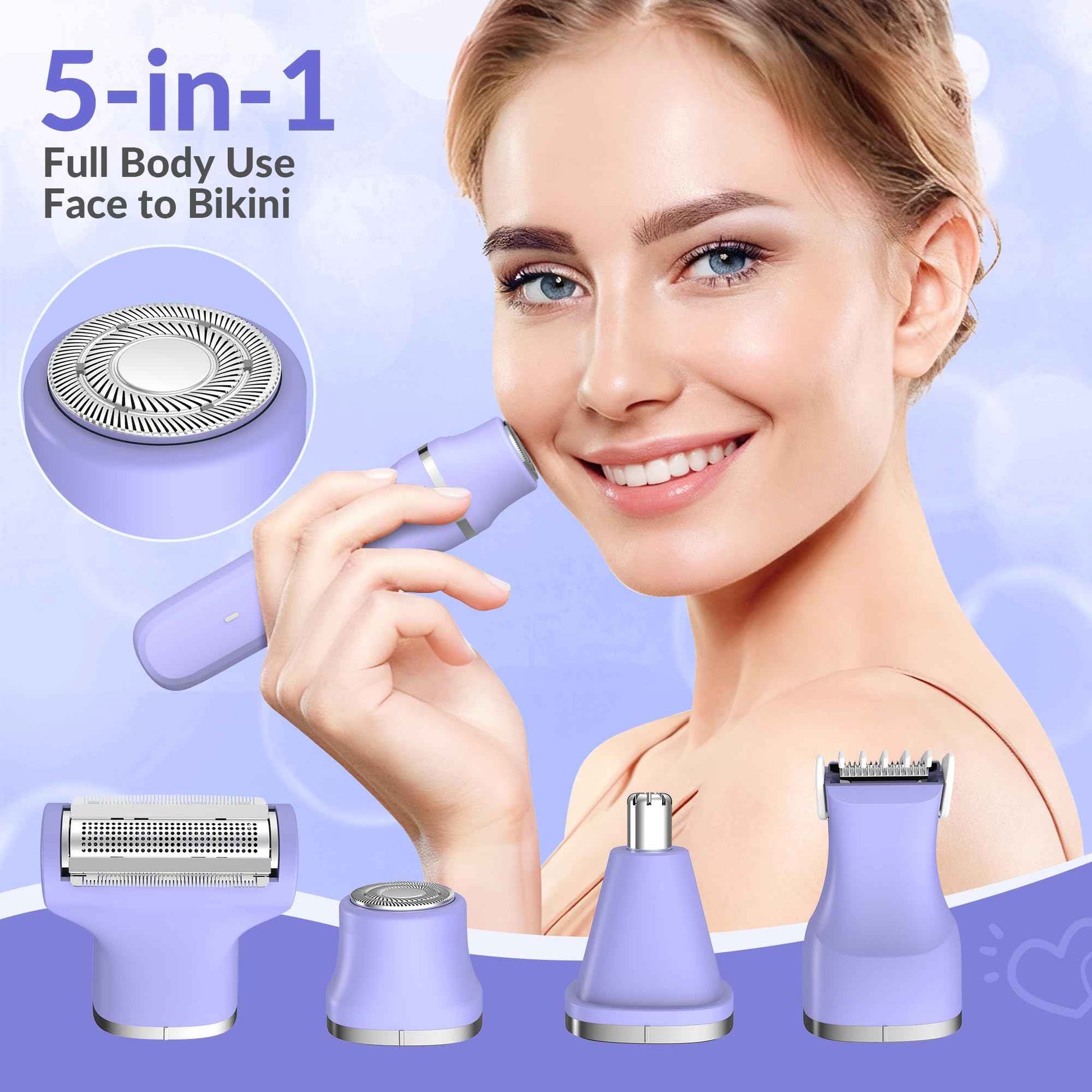 KINGTEE 5-in-1 Electric Bikini Trimmer for Women – IPX7 Waterproof Shaver, Cordless Body & Facial Razors for Women, Ceramic Blades, USB-C Rechargeable, Painless Hair Removal Kit (Purple)