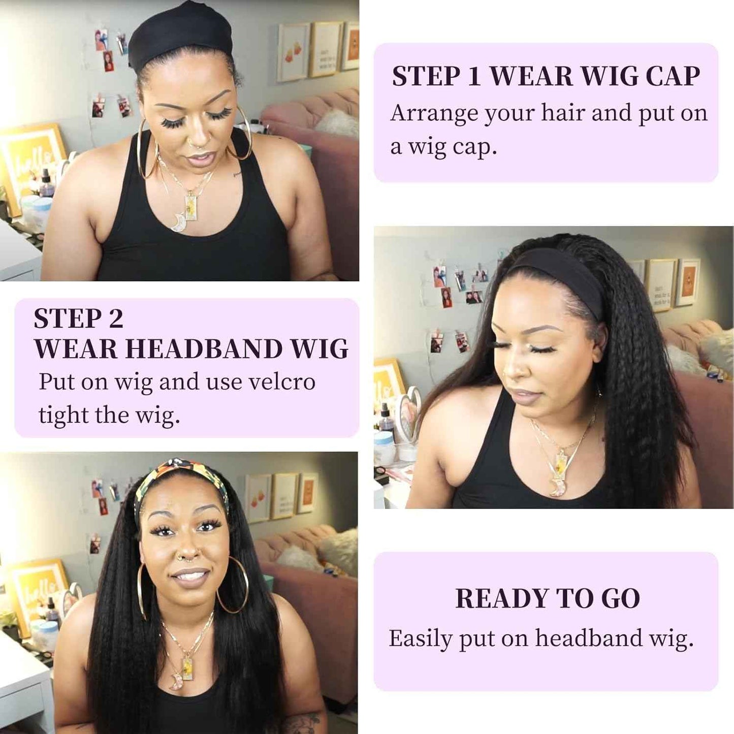 Kinky Straight Headband Wig 16 Inch Human Hair Headband Wigs for Black Women Glueless Yaki Straight Human Hair Headband Wigs Natural Black color