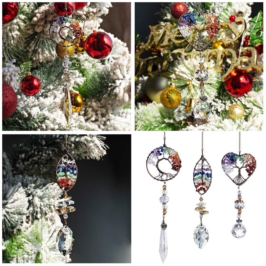 H&D HYALINE & DORA Sun Catcher Hanging Crystal Tree of Life and Metal Angel Wing Decor Rainbow Maker Drops Hang for Window, Home, Car Charms