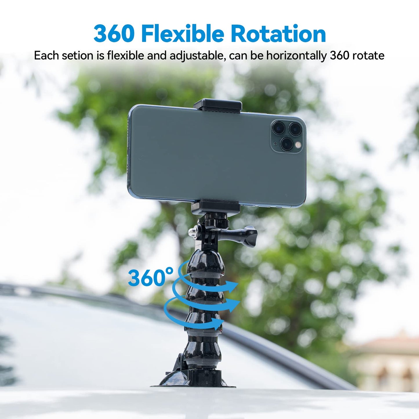 TELESIN Flexible Suction Car Mount for GoPro, iPhone, Android - 75mm Diameter