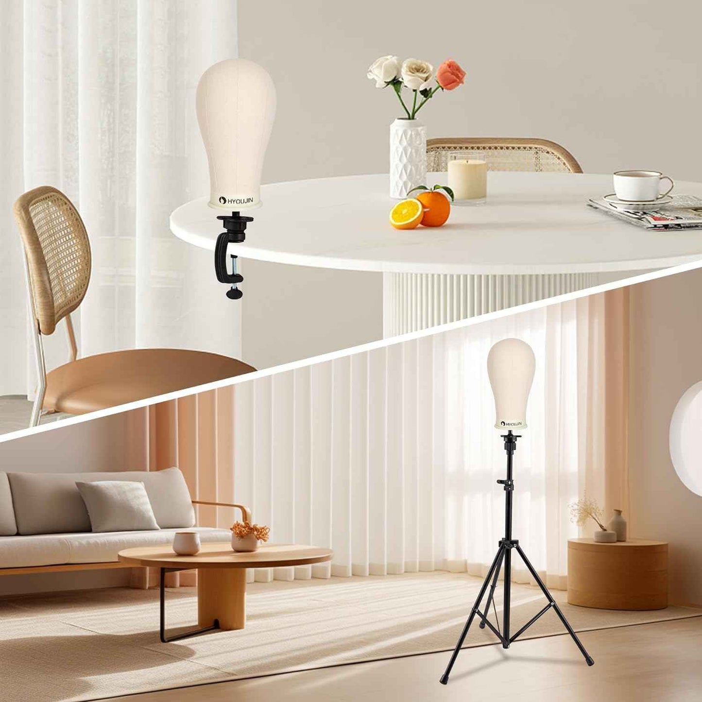 HYOUJIN Wig Stand with Adjustable Mannequin Head, Tripod Stand, Canvas Block Head, Wig Caps, T-Pins, Carry Bag (35.4-52.4in)