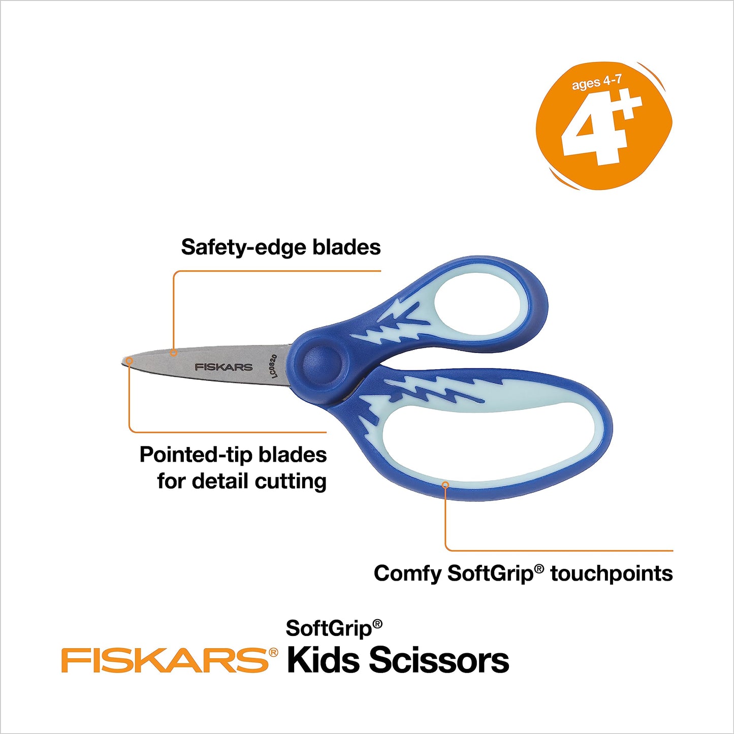 Fiskars 5" SoftGrip Pointed-Tip Scissors for Kids Ages 4-7, Scissors for School or Crafting, Back to School Supplies, Blue Lightning