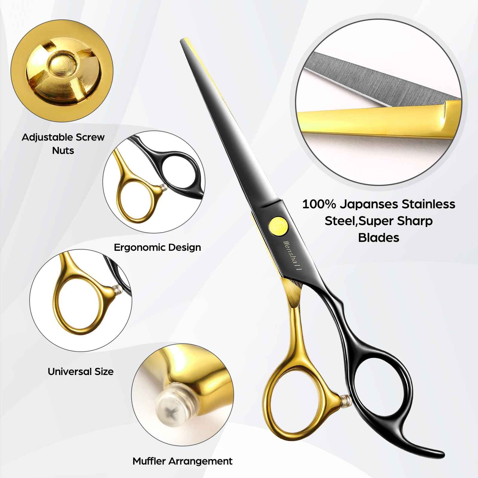 Wenshall Professional Black Gold Hair Scissors 6.89" Teeth Japanese Stainless Steel Multifunctional Salon Thinning Scissors Straight Shears Tools for Men Women Home Salon Barber
