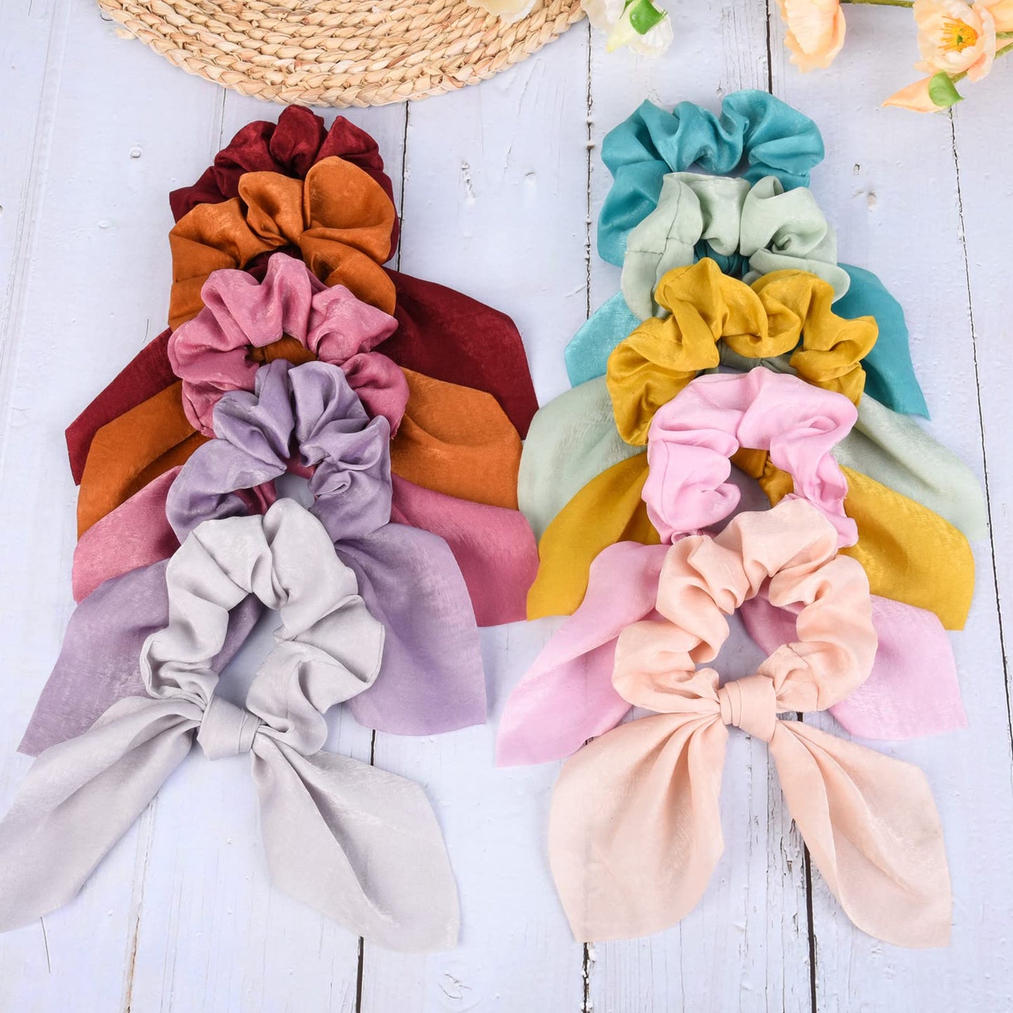 14 PCS Bow Hair Scrunchies Bunny Ears Silk Scrunchies Hair Ties Bobbles Elastic Hair Ties Ropes Ponytail Holder Hair Accessories for Women