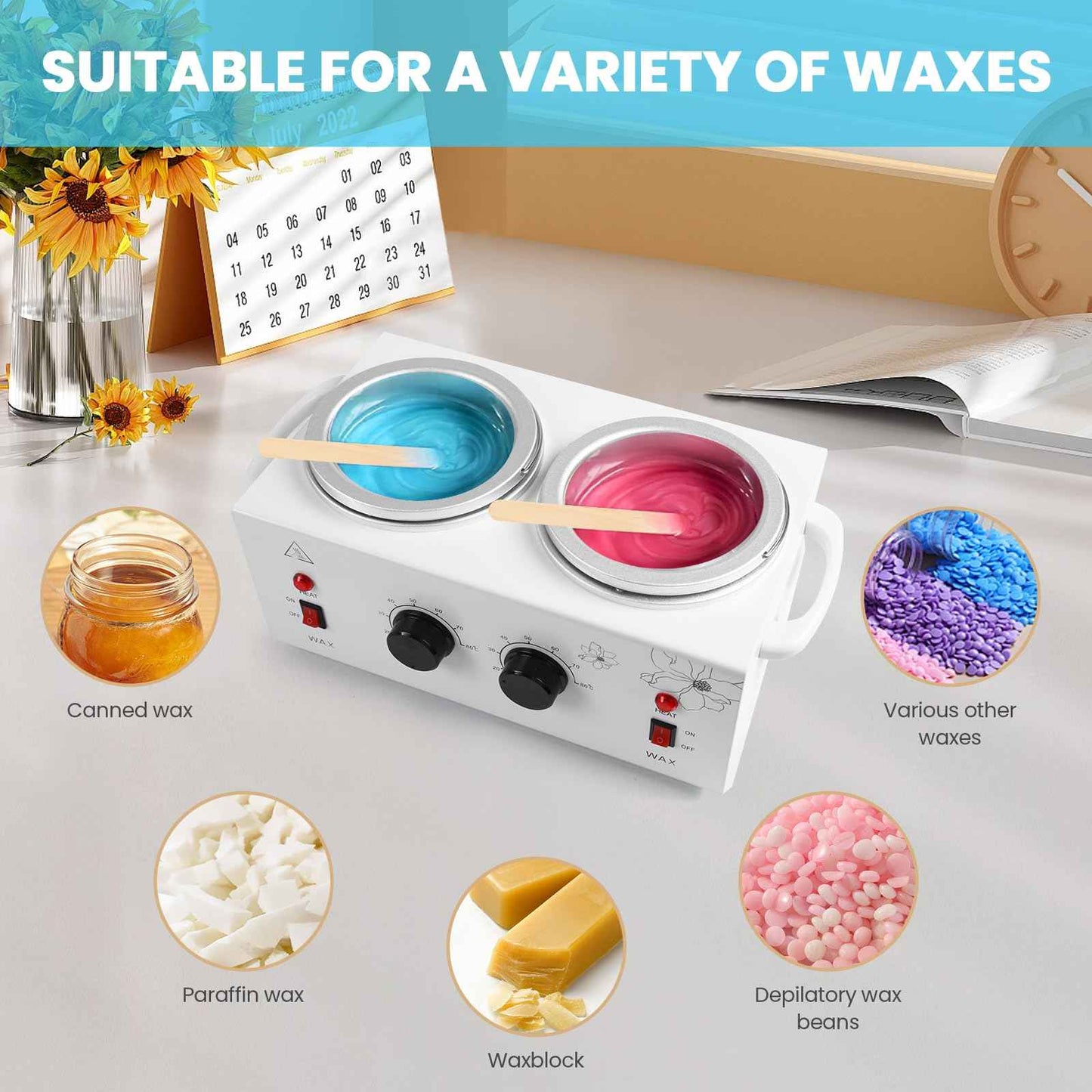 1.2L Double Pot Wax Warmer, Electric Depilatory Heater Machine with Adjustable Temperature for Hair Removal & Facial Spa, Includes 40 Wax Sticks & 20 Collars