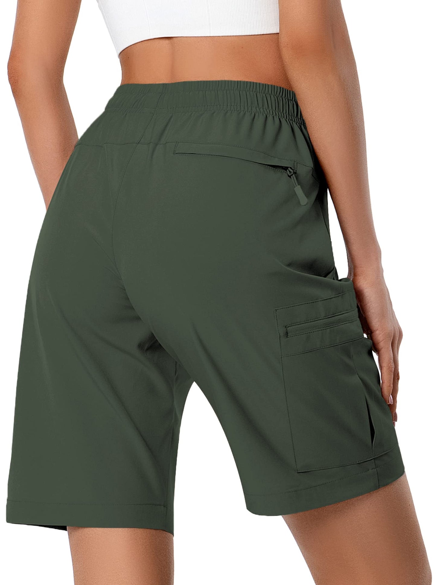 Women's Lightweight Hiking Cargo Shorts Quick Dry Athletic Shorts for Camping Travel Golf with Zipper Pockets Water Resistant Army Green