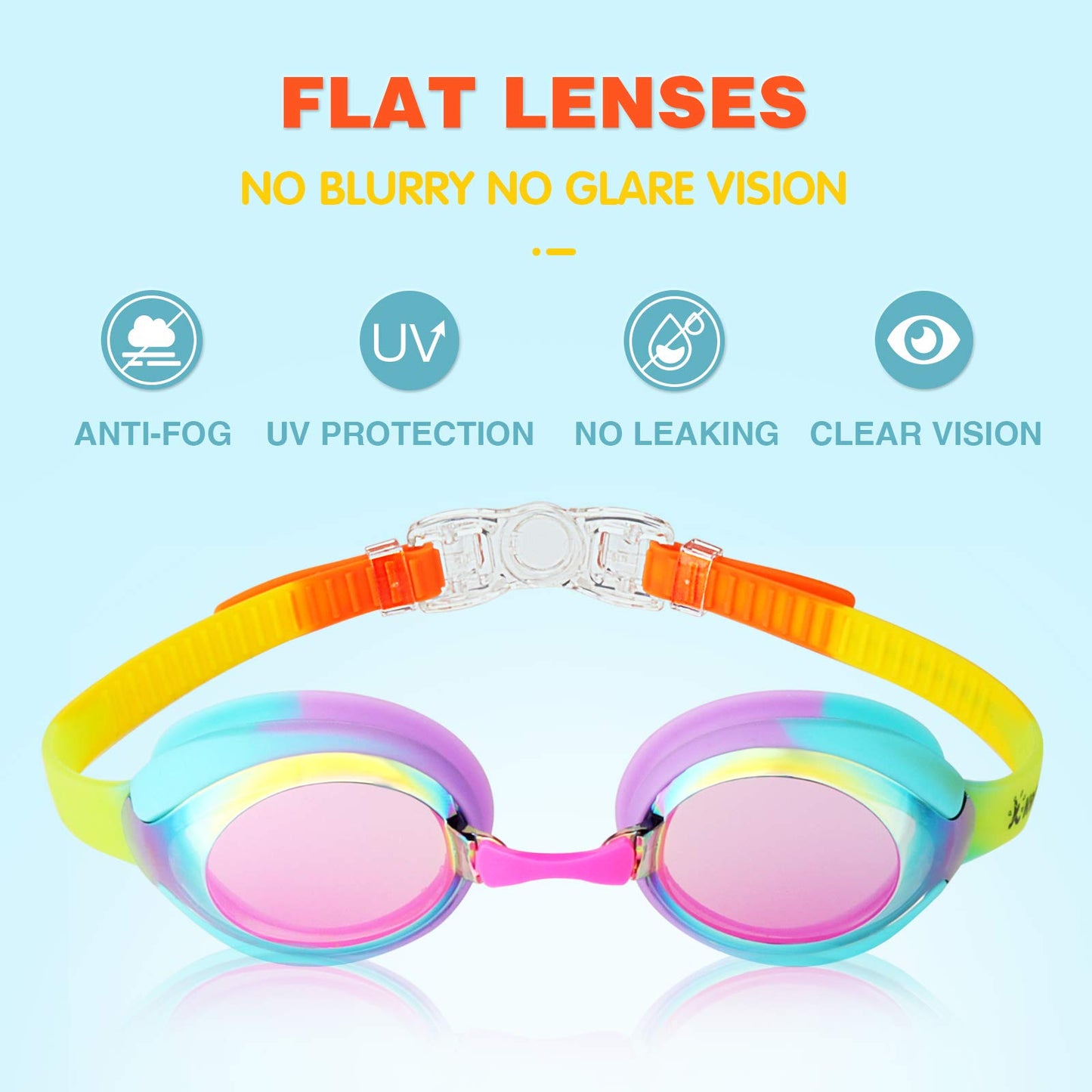 Kids Swim Goggles Swimming Goggles for Toddler Children Girls Boys Youth, Anti-Fog Waterproof UV Protection Clear Vision Mirror Flat Lens Water Pool Goggles with 3 Nose Piece, Rainbow Kids Goggles