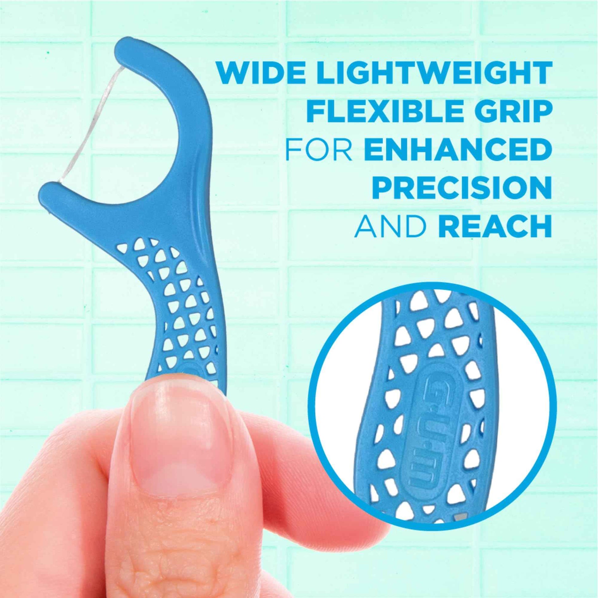 GUM Advanced Care Floss Picks - Dental Flossers for Adults with Vitamin E and Fluoride - Extra Strong Shred-Resistant Dental Floss, Easy Grip Handle, Fresh Mint Flavor, 150 Count (Pack of 4)