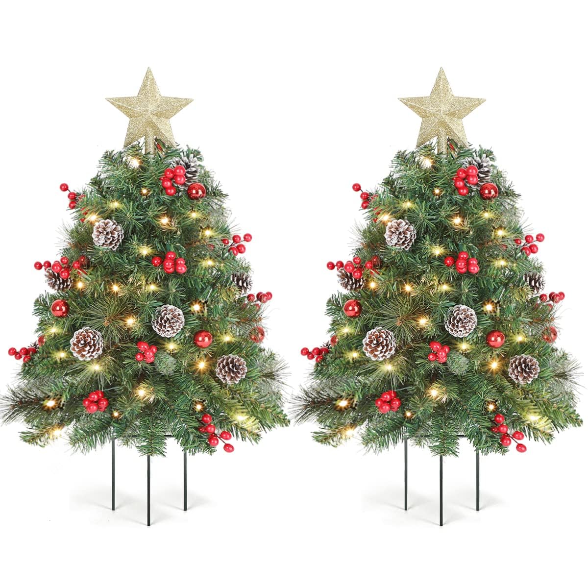 OasisCraft 33 inch Christmas Trees with LED Lights 2 Pack, Outdoor Prelit Christmas Trees, Small Artificial Christmas Tree with Ornaments for Porch, Driveway, Yard, Garden