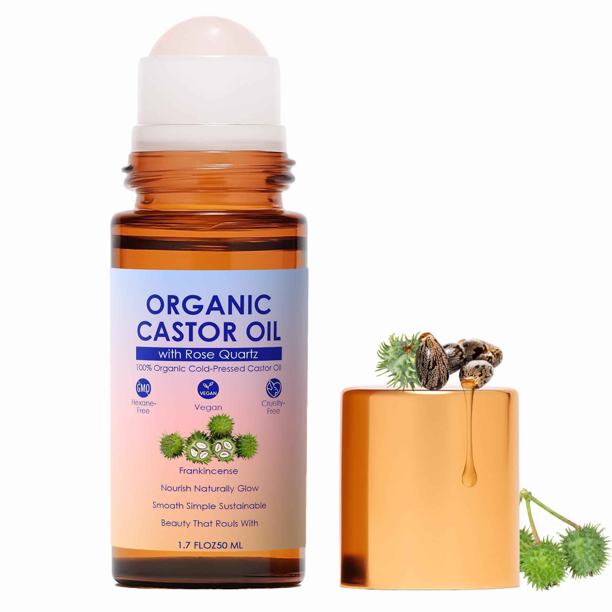 SDXJIOGE Organic Castor Oil with Rose Quartz Roller, 100% Pure Cold-Pressed, Organic Castor Oil Roll On Rose Quartz, Hexane-Free,Amber Glass Bottle for Skin 1.7oz (1)