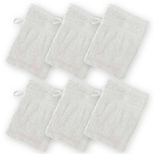 Homewear High Rise Stripe 6 Pack 6 x 8.5 Wash Mitt Set, Low Twist, Highly Absorbent, Gentle Hand and Face Cloth, European Style with Loop, White
