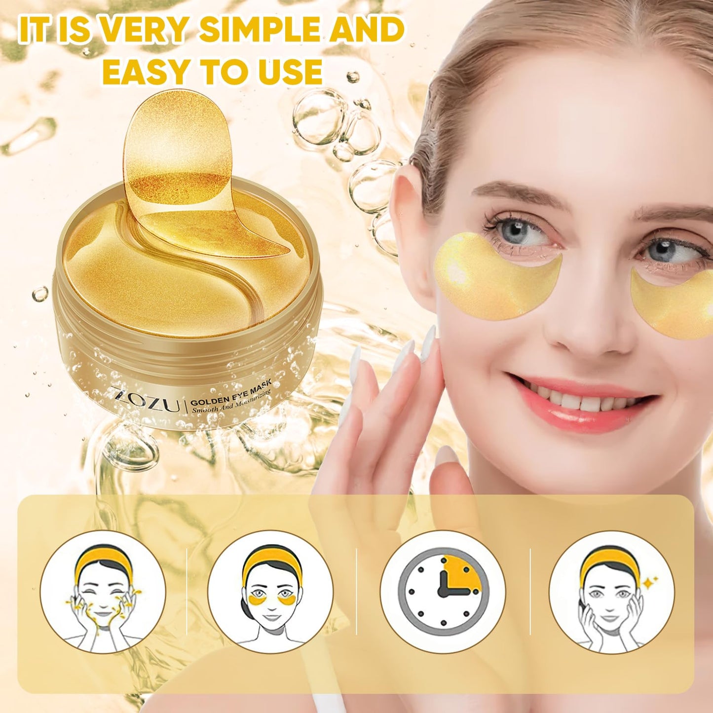 Aero Zen Gold Under Eye Patches, 60 Pcs 24K Gold Under Eye Masks for Dark Circles, Under Eye Patches for Puffy Eyes, Reduce Wrinkles, Under Eye Bags, Moisturizing Improves Elasticity