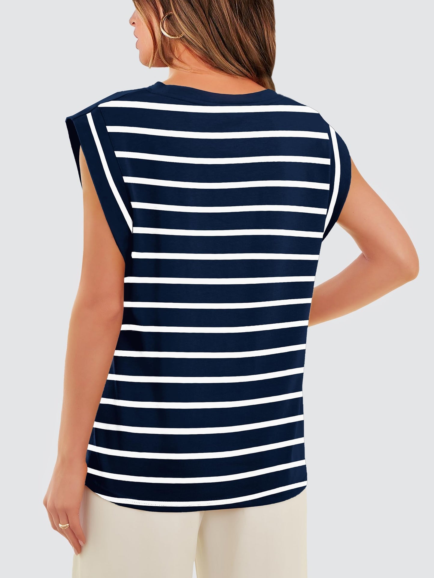 WIHOLL Navy Blue and White Stripe Shirt Basic Tee Soft Sleeveless Tank Tops Trendy Summer Outfits Fashion Clothes 2024 S