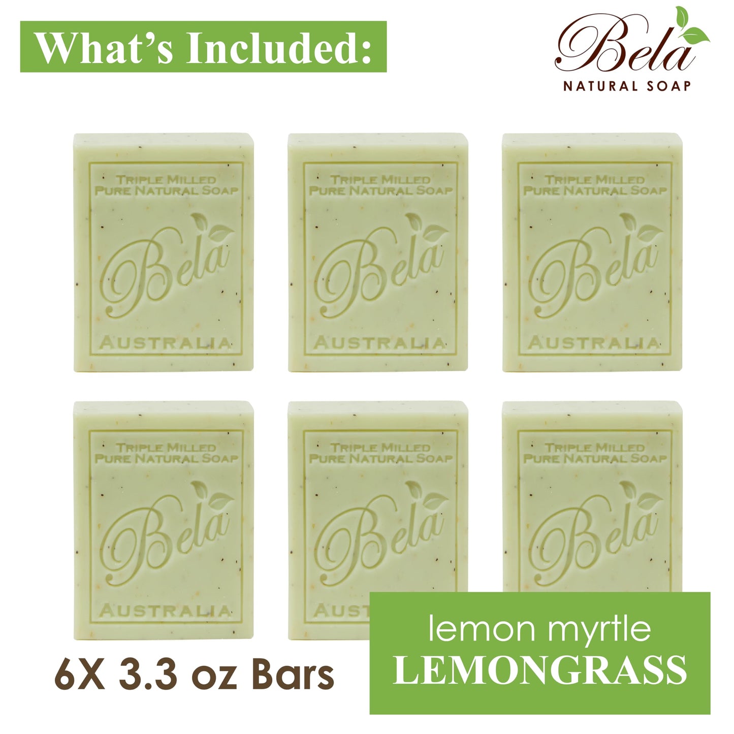 Bela, Lemon Myrtle with Lemongrass, Natural Ingredient Soap Bars, Triple-French Milled Moisturizing Natural Soap Bars Gift Sulfate-Free (93g) 3.3 oz each - 6 Pack